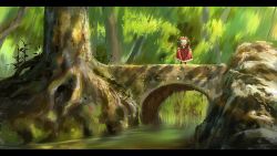 Rule 34 | 1girl, bridge, day, dress, forest, front ponytail, full body, green hair, hair ribbon, kagiyama hina, letterboxed, nature, one-hour drawing challenge, outdoors, red dress, red ribbon, ribbon, river, skirt hold, solo, suzu (susan slr97), touhou, tree, wide sleeves