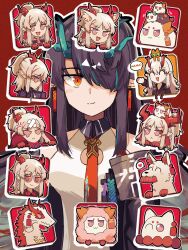 Rule 34 | +++, 2girls, :&lt;, :d, ^ ^, animal, animal ear fluff, animalization, arknights, black hair, black jacket, blue hair, bowl, character request, chibi, closed eyes, closed mouth, collared shirt, commentary request, crossed bandaids, dragon bubble (arknights), dragon horns, dress, dusk (arknights), earrings, fang, grey-framed eyewear, grey hair, hair over one eye, heart, highres, hood, hood down, hooded jacket, horns, jacket, jewelry, kemonomimi mode, long hair, mouth hold, multicolored hair, multiple girls, necktie, nian (arknights), open mouth, outline, pet bowl, pointy ears, profile, purple eyes, red background, red eyes, red hair, red necktie, red shirt, shirt, simple background, sleeveless, sleeveless dress, smile, spoken heart, streaked hair, sunglasses, teardrop, v-shaped eyebrows, white dress, white jacket, white outline, yu kaoxiang