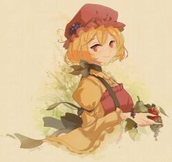 Rule 34 | 1girl, absurdres, aki minoriko, apron, blonde hair, food, fruit, grape hat ornament, grapes, hat, highres, holding, holding food, holding fruit, holding vegetable, looking at viewer, mob cap, red apron, red eyes, red hat, short hair, smile, solo, tami (joemanyodw), touhou, upper body, vegetable, wide sleeves