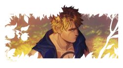Rule 34 | 1boy, bellamy, blending, blonde hair, border, chest tattoo, cropped torso, forest, highres, k isterich, male focus, nature, one piece, open clothes, portrait, scar, scar across eye, short hair, stitches, tattoo, white background, white border