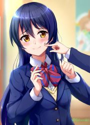 Rule 34 | arms up, blazer, blue hair, blue jacket, blush, bow, bowtie, ca ba ya ki, cheek poking, commentary request, highres, jacket, long hair, long sleeves, looking at another, love live!, love live! school idol project, nervous smile, otonokizaka school uniform, poking, red bow, red bowtie, school uniform, smile, solo focus, sonoda umi, striped bow, striped bowtie, striped clothes, swept bangs, winter uniform, yellow eyes