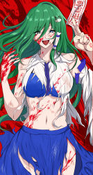 Rule 34 | 1girl, between fingers, blood, blood on face, blood on hands, blue bra, blue eyes, blue skirt, bra, breasts, cuts, dirty, dirty clothes, frog hair ornament, glowing, glowing eyes, green hair, hair ornament, hair tubes, highres, injury, kochiya sanae, large breasts, long hair, looking at viewer, midriff, navel, ofuda, ofuda between fingers, open mouth, red background, shirt, simple background, skirt, sleeveless, sleeveless shirt, smile, solo, soregashi (nobuyoshi-numa2), thighs, torn clothes, torn shirt, torn skirt, touhou, underwear, very long hair, white shirt