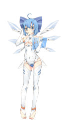 Rule 34 | &gt;:(, 1girl, ahoge, alternate costume, angry, asymmetrical gloves, bad id, bad pixiv id, bare shoulders, barefoot, blue eyes, blue hair, blush, bodysuit, bow, breasts, bridal gauntlets, cirno, clothing cutout, covered navel, facial mark, feet, frown, full body, gloves, hair bow, halterneck, hand on headphones, headset, highres, hip focus, holding, ice, ice wings, leotard, looking at viewer, matching hair/eyes, mecha musume, mechanical wings, mismatched gloves, ootsuki momiji, partially fingerless gloves, short hair, simple background, small breasts, solo, standing, thighhighs, thighs, toeless legwear, toes, touhou, touhou ayaria epic, turtleneck, underboob, underboob cutout, v-shaped eyebrows, white background, white thighhighs, wings