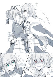 Rule 34 | !, 2girls, 88 (einnimnech), ?, ahoge, artoria pendragon (all), artoria pendragon (fate), blush, braid, cape, comic, crown, earrings, face-to-face, fate/stay night, fate (series), french braid, from side, fur trim, genderswap, genderswap (mtf), gilgamesh-ko, gilgamesh (fate), green eyes, hair ribbon, heart, heart on chest, highres, hug, jewelry, long hair, looking at another, monochrome, multiple girls, open mouth, red eyes, ribbon, saber (fate), silent comic, sparkle, spoken exclamation mark, spoken question mark, spot color, sweat, white background, yuri