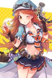 Rule 34 | 1girl, belt, blush, breasts, cleavage, commentary request, crop top, fuji fujino, goggles, goggles on headwear, granblue fantasy, gun, hat, holding, long hair, looking at viewer, mary (granblue fantasy), medium breasts, midriff, miniskirt, navel, neckerchief, o3o, one eye closed, orange eyes, orange hair, overskirt, pleated skirt, short sleeves, skirt, solo, weapon