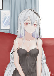 Rule 34 | 1girl, absurdres, ahoge, animateworld, arknights, bare arms, bare shoulders, black nightgown, breasts, chinese commentary, cleavage, collarbone, commentary request, couch, highres, indoors, long hair, looking at viewer, medium breasts, nightgown, official alternate costume, red eyes, signature, silver hair, skadi (arknights), skadi the corrupting heart (arknights), solo, strap slip, upper body, very long hair