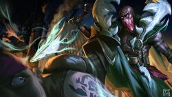 Rule 34 | 2boys, absurdres, arm tattoo, artist name, bald, commentary, dark-skinned male, dark skin, english commentary, glowing, glowing eyes, gold belt, highres, holding, holding weapon, league of legends, male focus, mask, mouth mask, multiple boys, outdoors, pants, pirate, pyke (league of legends), scar, shiny skin, ship, tattoo, timo (timotimo628), watercraft, weapon, white eyes