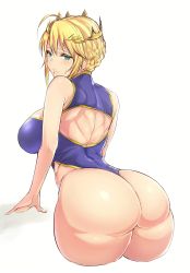 Rule 34 | 1girl, absurdres, ahoge, arched back, artoria pendragon (fate), artoria pendragon (lancer) (fate), ass, back, back cutout, bad id, bad tumblr id, bare arms, bare shoulders, blonde hair, braid, breasts, clothing cutout, crown, fate/grand order, fate (series), french braid, from behind, green eyes, hair between eyes, heattech leotard, highres, hometa, huge ass, large breasts, looking back, sideboob, sidelocks, solo, sweatdrop, thighs, turtleneck