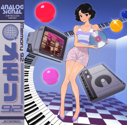 1990s_(style) 1girl absurdres cd_player checkered_floor commentary commission earrings english_commentary highres holding_cd jewelry musical_note musical_note_print original piano_keys retro_artstyle solo system_st91 television