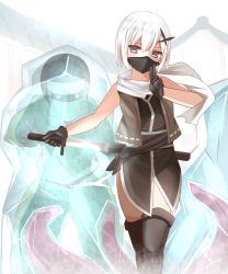 Rule 34 | 1girl, absurdres, bare shoulders, black gloves, black shirt, black thighhighs, blue eyes, commentary request, frozen, gloves, glowing, glowing eyes, hair between eyes, highres, holding, holding sword, holding weapon, ice, katana, kuji-in, mask, mouth mask, ninja, non (wednesday-classic), original, red eyes, revision, scarf, sheath, sheathing, shirt, sleeveless, sleeveless shirt, solo focus, standing, sword, tentacles, thighhighs, weapon, white hair, white scarf
