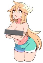 Rule 34 | 1girl, bar censor, blonde hair, blue shorts, breasts, censored, cleavage, collarbone, cowboy shot, crossed arms, digicheeze, half-closed eyes, highres, large breasts, long hair, looking up, mythra (xenoblade), navel, open mouth, short shorts, shorts, solo, sweat, topless, white background, xenoblade chronicles (series), xenoblade chronicles 2, yellow eyes