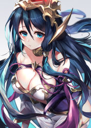 Rule 34 | 1girl, 40 (0f0urw), absurdres, blue eyes, blue hair, blush, breasts, character request, choker, cleavage, collarbone, covered navel, cowboy shot, dress, floating hair, granblue fantasy, hair between eyes, hair tubes, headpiece, highres, large breasts, leaning forward, long hair, parted lips, purple ribbon, ribbon, sidelocks, sleeveless, sleeveless dress, solo, standing, strapless, strapless dress, very long hair, white dress