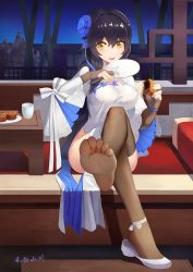 Rule 34 | 1girl, black hair, chinese clothes, covered erect nipples, crossed legs, feet, foreshortening, girls&#039; frontline, hair ornament, highres, long hair, looking at viewer, mole, mole under eye, parted lips, see-through, see-through legwear, shoes, single shoe, sitting, soles, thighs, toes, type 95 (girls&#039; frontline), type 95 (narcissus) (girls&#039; frontline), yellow eyes