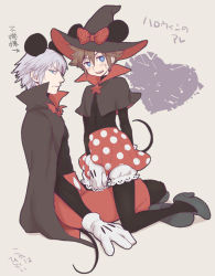 Rule 34 | 2boys, animal ears, arrow (symbol), bad id, bad pixiv id, beige background, bloomers, blue eyes, blush, bow, brown hair, cape, capelet, clothes pull, cosplay, couple, covering privates, covering crotch, crossdressing, disney, gloves, green eyes, halloween, hat, heart, high heels, kingdom hearts, looking at viewer, male focus, mickey mouse, mickey mouse (cosplay), mickey mouse ears, minnie mouse, minnie mouse (cosplay), mouse ears, mouse tail, multiple boys, ng (samwise), ng sam, open mouth, pantyhose, popped collar, riku (kingdom hearts), scowl, shorts, simple background, sitting, skin tight, skirt, skirt pull, sora (kingdom hearts), spiked hair, sweat, sweatdrop, tail, translated, underwear, white hair, witch hat, yaoi