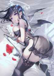 Rule 34 | 1girl, absurdres, angel, ass, babydoll, bare arms, bare shoulders, black bra, black hair, black panties, black thighhighs, bra, breast press, breasts, chain, feathered wings, flower, flower trim, foot out of frame, garter belt, gomashio ponz, hair ribbon, halo, highres, indoors, lace, lace-trimmed legwear, lace trim, large breasts, lingerie, long hair, looking at viewer, no shoes, on bed, original, panties, parted lips, petals, pillow, purple eyes, pussy, pussy peek, red flower, ribbon, solo, thigh bow, thighhighs, thighs, top-down bottom-up, twitter username, underwear, underwear only, white ribbon, wings