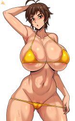 Rule 34 | 1girl, absurdres, amaha masane, armpits, arms behind head, arms up, bikini, blush, breasts, brown eyes, brown hair, cameltoe, cleft of venus, covered erect nipples, curvy, game cg, highres, huge breasts, jmg, large areolae, legs apart, looking at viewer, micro bikini, navel, nipples, shiny skin, short hair, signature, solo, standing, sweat, swimsuit, thighs, thong, thong bikini, transparent background, wet, wide hips, witchblade, yellow bikini