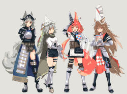 Rule 34 | 4girls, :d, animal ears, arknights, armor, armored boots, ashlock (arknights), black footwear, black skirt, blue skirt, boots, brown cape, brown eyes, cape, ear covers, ear tag, ears through headwear, fartooth (arknights), feather hair, flametail (arknights), full body, gauntlets, grey background, grey hair, hair between eyes, harami (hara 333), horse girl, horse tail, long hair, looking at viewer, material growth, multiple girls, open mouth, oripathy lesion (arknights), own hands together, red eyes, red hair, shirt, short hair, simple background, skirt, smile, squirrel ears, squirrel tail, tail, teeth, thigh strap, upper teeth only, v-shaped eyebrows, visor (armor), visor lift, w, white shirt, wild mane (arknights), yellow eyes