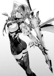 Rule 34 | 1girl, arm behind head, ass, bodysuit, breasts, bug, butterfly, clothing cutout, eula (genshin impact), from behind, genshin impact, gloves, greyscale, hair between eyes, hairband, highres, holding, holding sword, holding weapon, insect, large breasts, long hair, long sleeves, looking at viewer, looking back, monochrome, mugetsu2501, necktie, parted lips, short shorts, shorts, shoulder cutout, solo focus, song of broken pines (genshin impact), sword, thigh strap, thighhighs, weapon, white background, wide sleeves