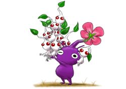 Rule 34 | black eyes, clinging, colored skin, commentary request, creature, flower, grass, height difference, holding, holding creature, leaf, nintendo, no humans, no mouth, one eye closed, pikmin (creature), pikmin (series), pink flower, purple hair, purple pikmin, purple skin, red eyes, shadow, short hair, simple background, solid circle eyes, very short hair, white background, white pikmin, yamato koara
