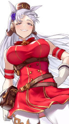 Rule 34 | 1girl, animal ears, armband, bare shoulders, belt, bow, breasts, brown belt, brown hat, contrapposto, covered erect nipples, cowboy shot, dress, from below, gloves, gold ship (umamusume), grin, hand on own hip, harness, hat, horse ears, horse girl, large breasts, long hair, looking at viewer, pantyhose, pouch, red dress, short dress, silver hair, skysign ft, sleeveless, sleeveless dress, smile, smug, solo, taut clothes, taut dress, umamusume, underbust, very long hair, white gloves, white pantyhose, wind