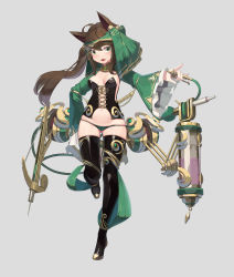 Rule 34 | 1girl, :d, ahoge, animal ears, bikini, bikini bottom only, black footwear, boots, bow (weapon), breasts, breasts apart, brown hair, bustier, collar, commentary request, container, crossbow, dancer, fang, fox ears, full body, gluteal fold, green bikini, green eyes, grey background, highres, holding, leg up, long hair, long sleeves, looking at viewer, machinery, medium breasts, natori youkai, navel, open mouth, original, revealing clothes, side ponytail, simple background, smile, solo, standing, standing on one leg, swimsuit, thigh boots, thighhighs, veil, weapon, wide sleeves