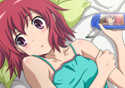Rule 34 | 1girl, anime coloring, bare shoulders, bed sheet, blush, dress, embarrassed, face, frilled dress, frills, handheld game console, holding own arm, kushieda minori, lying, open mouth, pillow, playing games, playstation portable, purple eyes, red hair, short hair, solo, toradora!, wingheart