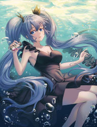 Rule 34 | 1girl, absurdres, black dress, blue eyes, blue hair, bottle, breasts, bubble, cleavage, closed mouth, collarbone, commentary, dress, floating hair, hair between eyes, hatsune miku, highres, holding, holding bottle, jisu lee, long hair, looking to the side, medium breasts, message in a bottle, scroll, shinkai shoujo (vocaloid), short dress, sideboob, sleeveless, sleeveless dress, smile, solo, strap gap, underwater, very long hair, vocaloid