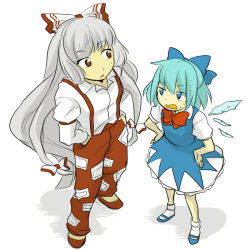 Rule 34 | 2girls, aqua hair, blue eyes, bow, cirno, female focus, from above, fujiwara no mokou, grey hair, hair bow, hands in pockets, hands on own hips, multiple girls, red eyes, ririvery, simple background, standing, sweat, touhou, wings