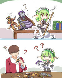 Rule 34 | 1boy, 1girl, 2koma, 3678177, ?, ??, @ @, accident, arm cannon, bare shoulders, black bow, bow, broom, brown hair, cleaning, clenched hand, comic, eighth note, elbow gloves, elf, gift, gloves, green hair, indoors, lina (sennen sensou aigis), maid, music, musical note, pointy ears, prince (sennen sensou aigis), red eyes, sennen sensou aigis, simple background, singing, table, weapon, white gloves