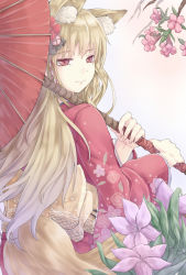 Rule 34 | 1girl, animal ears, bad id, bad pixiv id, floral print, flower, fox ears, fox tail, hair flower, hair ornament, japanese clothes, kimono, long hair, looking at viewer, nature, oil-paper umbrella, original, red eyes, smile, solo, tail, tukiotoyomi, umbrella