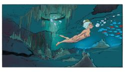 Rule 34 | bare legs, barefoot, breasts, breath hold, cave, fish, glasses, highres, holding breath, nintendo, nipples, nude, puffy cheeks, purah, round eyewear, skinny dipping, swimming, the legend of zelda, the legend of zelda: breath of the wild, underwater, underwater cave, underwater swimming, walksmith2, white hair