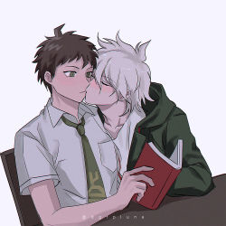 2boys ahoge artist_name boleum_(dgrpluna) book brown_hair collarbone collared_shirt danganronpa_(series) danganronpa_2:_goodbye_despair green_jacket green_necktie grey_background grey_hair grey_shirt hinata_hajime hood hooded_jacket jacket kiss komaeda_nagito long_sleeves male_focus messy_hair multiple_boys necktie open_book shirt short_hair simple_background yaoi