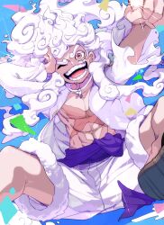 Rule 34 | 1boy, abs, bare pectorals, blue background, clenched hand, commentary request, confetti, frilled sleeves, frills, hagoromo, hair up, hand on own face, highres, lugh, male focus, monkey d. luffy, one eye closed, one piece, open clothes, open mouth, open shirt, pectorals, pink eyes, purple sash, sash, scar, scar on chest, scar on face, shawl, shirt, shorts, solo, sparkle, white hair, white shirt, white shorts