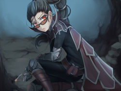 Rule 34 | 1girl, 604957951, armor, black hair, bow (weapon), cape, crossbow, crossbow bolt, kneeling, league of legends, lipstick, long hair, looking over eyewear, makeup, on one knee, ponytail, red-tinted eyewear, red eyes, solo, sunglasses, tinted eyewear, vayne (league of legends), weapon, zhainan s-jun