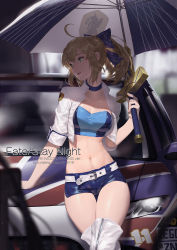 Rule 34 | 1girl, absurdres, ahoge, arm support, artist name, artoria pendragon (all), artoria pendragon (fate), bandeau, blonde hair, blue ribbon, car, copyright name, cropped jacket, dated, fate/grand order, fate/stay night, fate (series), green eyes, hair ribbon, highres, leaning back, leaning on object, looking to the side, midriff, motor vehicle, navel, official alternate costume, official alternate hairstyle, ounijang, ponytail, race queen, ribbon, saber (fate), saber (type-moon racing) (fate), short shorts, shorts, solo, thighhighs, umbrella