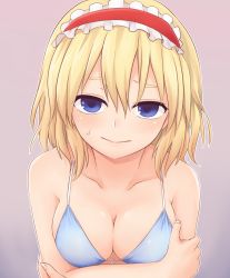Rule 34 | 1girl, alice margatroid, bare shoulders, bikini, blonde hair, blue bikini, blue eyes, blush, breasts, cleavage, closed mouth, commentary request, front-tie top, gradient background, hair between eyes, hairband, hand on own arm, long hair, looking at viewer, medium breasts, miyo (ranthath), pink background, purple background, short hair, simple background, solo, sweat, swimsuit, touhou, upper body