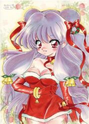 1girl bell blush bow breasts christmas cleavage dated detached_sleeves double_bun dress floral_background fur-trimmed_dress fur_trim hair_bell hair_bow hair_bun hair_ornament kouki_ran long_hair lowres purple_eyes purple_hair ranma_1/2 red_bow red_dress shampoo_(ranma_1/2) sidelocks traditional_media