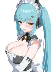 Rule 34 | 1girl, animal ears, apron, arm under breasts, black dress, blue hair, blush, breasts, cat ears, cat tail, dress, elbow gloves, fake animal ears, fake tail, from side, gloves, goddess of victory: nikke, highres, large breasts, light blue hair, long hair, looking at viewer, maid, maid headdress, neck bell, official alternate costume, paw hair ornament, privaty (nikke), privaty (unkind maid) (nikke), solo, sweat, tail, twintails, very long hair, white apron, white gloves, xi oshir1, yellow eyes