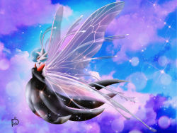 Rule 34 | 1girl, above clouds, absurdres, alternate color, artist name, bare shoulders, black dress, black gloves, blue hair, blue sky, blurry, bob cut, bokeh, closed mouth, cloud, collarbone, colored skin, creatures (company), depth of field, dress, elbow gloves, fairy, fairy wings, female focus, flying, from side, full body, game freak, gardevoir, gen 3 pokemon, gloves, hair over one eye, half-closed eyes, hands up, highres, looking down, mega gardevoir, mega pokemon, nintendo, one eye covered, own hands together, pii13, pokemon, pokemon (creature), purple wings, red eyes, shiny pokemon, short hair, signature, sky, solo, sparkle, strapless, strapless dress, white skin, wings