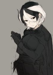 Rule 34 | 1girl, black cape, black eyes, black gloves, black hair, black jacket, cape, closed mouth, crossed arms, gloves, grey background, hair between eyes, hand up, highres, hiranko, jacket, looking at viewer, made in abyss, multicolored hair, ozen, short hair, simple background, sketch, solo, standing, two-tone hair, unfinished, white hair