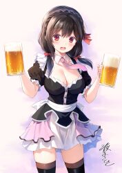 Rule 34 | 1girl, absurdres, alcohol, beer, beer mug, black hair, black thighhighs, blush, bow, braid, breasts, brown hair, cleavage, commentary, cowboy shot, crown braid, cup, english commentary, hair bow, hair ornament, highres, holding, holding cup, kono subarashii sekai ni shukufuku wo!, large breasts, long hair, looking at viewer, low twintails, maid, mug, necktie, pink necktie, puffy short sleeves, puffy sleeves, red bow, red eyes, second-party source, short sleeves, signature, simple background, skirt, solo, standing, thighhighs, tongue, twintails, watari masahito, white background, yunyun (konosuba), zettai ryouiki