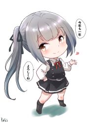 Rule 34 | 1girl, artist name, brown eyes, chibi, collared shirt, commentary request, dress, dress shirt, fuji (pixiv24804665), full body, grey hair, hand on own hip, happy new year, highres, kantai collection, kasumi (kancolle), long hair, neck ribbon, new year, pinafore dress, red ribbon, ribbon, shirt, side ponytail, simple background, sleeveless, sleeveless dress, smile, solo, standing, white background, white shirt