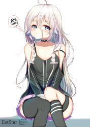 Rule 34 | 1girl, :t, ahoge, aties20, bare shoulders, between legs, black camisole, black socks, black thighhighs, blue eyes, blush, camisole, closed mouth, commentary request, feet out of frame, hair between eyes, hand between legs, ia (vocaloid), kneehighs, looking at viewer, pink skirt, pleated skirt, sitting, skirt, socks, solo, spoken squiggle, squiggle, strap slip, thigh strap, thighhighs, vocaloid, white background, white hair