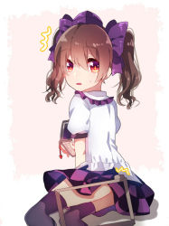 Rule 34 | 1girl, ^^^, brown hair, camera, cellphone, cellphone charm, charm (object), checkered clothes, checkered skirt, from behind, hair ribbon, hat, himekaidou hatate, holding, holding phone, looking at viewer, looking back, phone, purple eyes, renka (sutegoma25), ribbon, sitting, skirt, solo, taking picture, thighhighs, tokin hat, touhou, twintails, yokozuwari