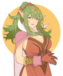 Rule 34 | 1girl, breasts, cape, cleavage, dress, fire emblem, fire emblem awakening, fire emblem heroes, green eyes, green hair, highres, jivke, large breasts, long hair, looking at viewer, nintendo, no bra, no panties, parted lips, pink dress, pointy ears, ponytail, short dress, simple background, smile, solo, standing, strapless, strapless dress, tiara, tiki (adult) (fire emblem), tiki (fire emblem)