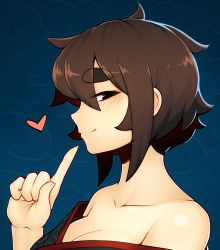 Rule 34 | 1girl, ash sarai, bare shoulders, black eyes, blush, breasts, brown hair, cleavage, closed mouth, collarbone, d-floe, finger to mouth, from side, highres, index finger raised, large breasts, looking at viewer, original, short hair, smile, solo, thick eyebrows