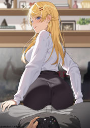 Rule 34 | 1boy, 1girl, :p, ass, black skirt, blonde hair, blue eyes, blush, breasts, bulge, closed mouth, goumudan, hachimiya meguru, hair ornament, hairclip, highres, idolmaster, idolmaster shiny colors, indoors, large breasts, long hair, long sleeves, looking at viewer, looking back, naughty face, pov, shirt, shirt tucked in, skirt, smile, solo focus, teasing, tongue, tongue out, white shirt, xbox controller