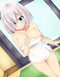 Rule 34 | 10s, 1girl, arm at side, bare arms, bare legs, bare shoulders, blue eyes, blush, breasts, carpet, cleavage, collarbone, door, dutch angle, eyebrows, hair ornament, hair over one eye, hairclip, hamakaze (kancolle), indoors, kantai collection, large breasts, looking at viewer, naked towel, shiny skin, short hair, silver hair, solo, standing, sweatdrop, thigh gap, tile floor, tiles, towel, wet, white hair, yahiro (anhnw)