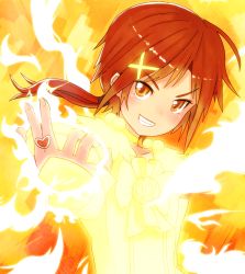 Rule 34 | 10s, 1girl, choker, cure sunny, fire, glowing, grin, hair ornament, hairclip, henshin, hino akane (smile precure!), magical girl, nosuku, orange background, orange eyes, orange theme, ponytail, precure, red hair, smile, smile precure!, solo, transformation
