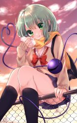 Rule 34 | 1girl, bad id, bad pixiv id, baozi, black socks, blush, bow, bowtie, chain-link fence, cloud, colored eyelashes, commentary request, contemporary, eyelashes, fence, food, foreshortening, from below, green eyes, green hair, heart, heart of string, holding, holding food, kneehighs, komeiji koishi, long sleeves, looking at viewer, miniskirt, on fence, orange scarf, outdoors, panties, panty peek, pantyshot, pink sky, pleated skirt, purple skirt, red bow, red bowtie, scarf, shanghai bisu, short hair, sitting, skirt, sky, sleeves past wrists, socks, solo, steam, sweater, tareme, third eye, touhou, twilight, underwear, upskirt, white panties